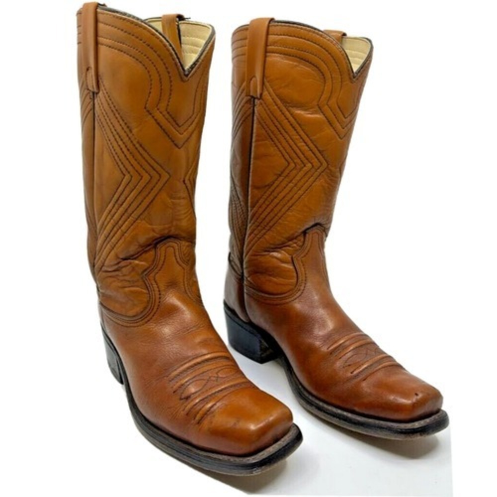 vtg. Acme Cowboy Boots Mens 8D Tan Leather Vintage Square Toe Made in USA Good